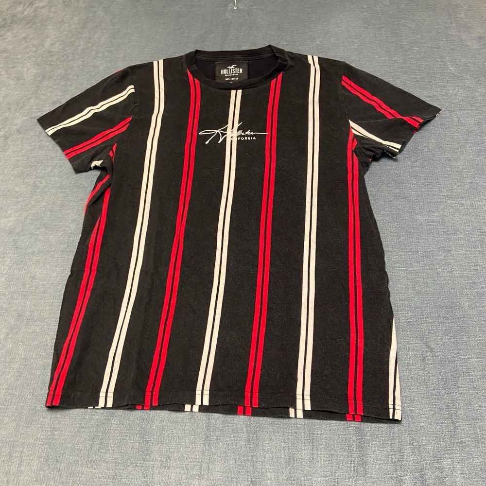 Hollister T Shirt Mens Medium Black Striped Cotton Embroidered Logo Short Sleeve